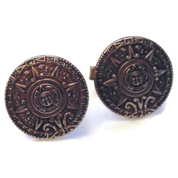 Vintage Mexico Aztec Calendar Sterling Silver Cufflinks Cuff links Estate Men - Picture 4 of 6